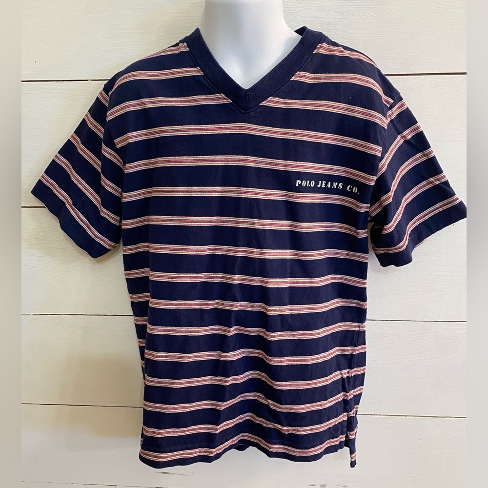 Polo Jeans Co Ralph Lauren Boys’‎ Sz 6 Navy Striped V-Neck Tee